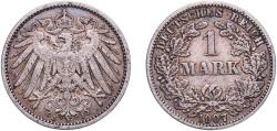World Coins - Germany Second Empire 1907 J 1 Mark - Wilhelm II (type 2 - small shield) Silver (.900) (Ag 900, Cu 100) Hamburg Mint (1833265) 5.49g AU  KM 14 AKS 2 J 17 Schön 18