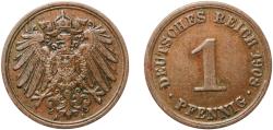 World Coins - Germany Second Empire 1908 A 1 Pfennig - Wilhelm II (type 2 - small shield) Copper (Cu 950, Sn 40, Zn 10) Berlin Mint (21921907) 2.03g XF  KM 10 AKS 21 J 10 Schön 10 Neum 35