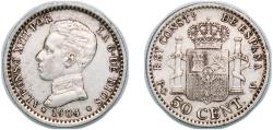 World Coins - Spain Kingdom 1904 *1-0  PCV 50 Centimos - Alfonso XIII (4th portrait) Silver (.835) (1303000) 2.5g AU  KM 723