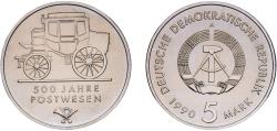 World Coins - Germany German Democratic Republic Democratic republic 1990 A 5 Mark (500 Years Mail Services) Nickel brass Berlin Mint (392720) UNC  KM 134 Schön 131 J 1631 AKS 136