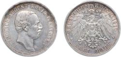 World Coins - Germany Kingdom of Saxony (Albertinian Line) German states 1910 E 3 Mark - Frederick August III Silver (.900) Muldenhütten Mint (745000) 16.667g XF KM 1267 J 135