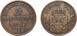 World Coins - Germany Kingdom of Prussia German states 1867 A 3 Pfenninge - William I Copper Berlin Mint 4.42g XF  AKS 106 Old/Mue 2 424, 427, 431 KM 482 Neum 17 Schr 162-188