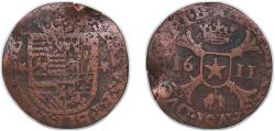 World Coins - Low countries feudal Duchy of Brabant Spanish possession 1611 1 Liard - Albert and Isabella Copper Maastricht Mint 3.35g VF GH 298-2 KM 24.2 Vanhoudt 603