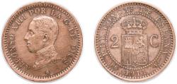 World Coins - Spain 1911 *11 PCV 2 Centimos - Alfonso XIII (5th portrait) Bronze (2284000) 2g XF KM 732 Cal 73