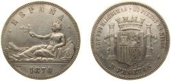World Coins - Spain Provisional Government 1870 *18-70 SNM 5 Pesetas Silver (.900) Madrid Mint (5923455) 25g XF KM 655