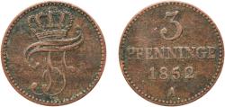 World Coins - Germany Grand duchy of Mecklenburg-Schwerin German states 1852 A 3 Pfennige - Frederick Francis II Copper Berlin Mint 2.31g VF  AKS 48 Jaeg 4 MRWS 56 KM 310 Kahnt/Schön 57