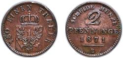 World Coins - Germany Kingdom of Prussia German states 1871 B 2 Pfennigs - William I Copper Hanover Mint 3g XF AKS 107 Old/Mue 2 425, 428, 432 KM 481 Neum 18 Schr 189-210