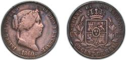 World Coins - Spain Kingdom 1860 25 Centimos de Real - Isabel II Copper Segovia Mint 9.97g VF KM 615 Cal 587