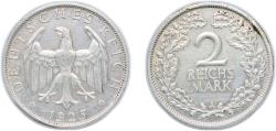 World Coins - Germany - 1871-1948 Weimar Republic 1925 A 2 Reichsmark Silver (.500) (16145355) 9.97g XF KM 45 AKS 32 J 320 Schön DM 44