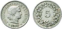 World Coins - Switzerland Federal State 1900 B 5 Rappen (Libertas; copper-nickel) Copper-nickel (75% copper, 25% nickel, non-magnetic) Bern Mint (2000000) 2.01g XF  HMZ 2 1212 Divo/Tob19 319 KM