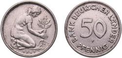 World Coins - Germany Federal Republic 1949 F 50 Pfennigs (Bank of German States) Copper-nickel (75% Copper, 25% Nickel) Staatliche Münze Baden-Württemberg Mint (45118000) 3.43g XF  KM 104 J 37