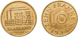 World Coins - Germany Saar Saar French Protectorate 1954 10 Franken Aluminium bronze (85% Aluminium, 15% Copper) Paris Mint (11000000) 2.9g XF  KM 1 J 801 Schön 1 Gad 1789 S1