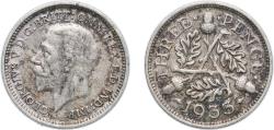 World Coins - Great Britain United Kingdom 1933 3 Pence - George V (4th issue) Silver (.500) Royal Mint (5578500) 1.4g XF KM 831 Sp 4042