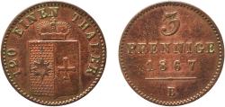 World Coins - Germany Waldeck-Pyrmont, Principality of German states 1867 B 3 Pfennige - George Victor Copper Hanover Mint (420000) 4.55g XF  AKS 48, 49 Jaeg 7 NW 43 KM 171 C 86