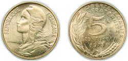 World Coins - France Fifth Republic 1973 5 Centimes Copper-aluminium-nickel (100423000) 2.01g UNC F 125 Gad 175 Schön 228 KM 933 GEM 22.11