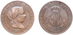 World Coins - Spain Kingdom 1867 OM 5 Centimos de Escudo - Isabel II Bronze Jubia Mint 12.5g XF KM 635 Cal 622