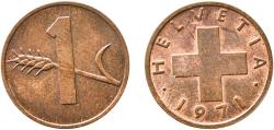World Coins - Switzerland Federal State 1971 1 Rappen (wheat spike) Bronze (95% copper, 4% tin, 1% zinc) Bern Mint (5030000) 1.52g UNC  HMZ 2 1216 Divo/Tob19 328 KM 46 Schön 41 Y 54
