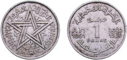 World Coins - Morocco AH 1370 (1951) 1 Franc - Mohammed V Aluminium Paris Mint (30000000) 0.79g XF  Y 46 Lec 228 Schön 38