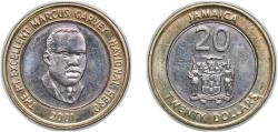 World Coins - Jamaica 2001 20 Dollars (Non-magnetic) Bimetallic: copper-nickel centre in nickel brass ring Royal Mint 7.8g UNC KM 182