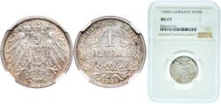 World Coins - Germany Second Empire 1908 D 1 Mark - Wilhelm II (type 2 - small shield) Silver (.900) (Ag 900, Cu 100) Munich Mint (1126002) 5.55g NGC MS 63  KM 14 AKS 2 J 17 Schön 18