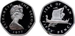World Coins - Isle of Man British dependency 1977 PM 50 Pence - Elizabeth II (2nd portrait; Silver Proof Issue) Silver (.925) Pobjoy Mint 15.55g PF KM 39a Schön 37a.1 Schön 37a.2