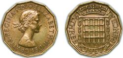 World Coins - Great Britain United Kingdom 1967 3 Pence - Elizabeth II (1st portrait; without 'BRITT:OMN') Nickel brass (79% Cu, 20% Zn, 1% Ni) (151780800) 6.89g AU KM 900 Sp 4153