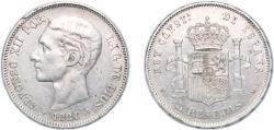 World Coins - Spain Kingdom 1881 *18-81 MSM 5 Pesetas - Alfonso XII (2nd portrait) Silver (.900) Madrid Mint (699000) 24.91g XF  KM 676 Cal 28