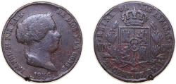 World Coins - Spain Kingdom 1856 25 Centimos de Real - Isabel II Copper Segovia Mint 10g VF KM 615 Cal 587
