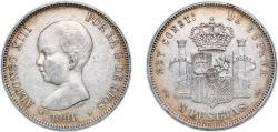 World Coins - Spain Kingdom 1891 *18-91 PGM 5 Pesetas - Alfonso XIII (1st portrait) Silver (.900) Madrid Mint (11659556) 25g XF KM 689