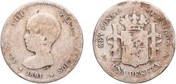 World Coins - Spain Kingdom 1891 PGM 1 Peseta - Alfonso XIII (1st portrait) Silver (.835) Madrid Mint (4948225) 4.7g F Cal 38 Aureo 53