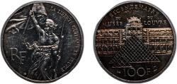 World Coins - France Fifth Republic 1993 100 Francs (Liberté de Delacroix) Silver (.900) Paris Mint (1832011) 15.05g UNC  Franc 2014 461 KM 1018.1 Gad 1789 924