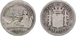 World Coins - Spain Provisional Government 1869 SN-M 1 Peseta - Provisional Government (ESPAÑA) Silver (.835) Madrid Mint (367000) 4.7g VF  KM 653