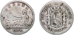 World Coins - Spain Provisional Government 1870 DE-M 1 Peseta - Provisional Government (ESPAÑA) Silver (.835) Madrid Mint (5164997) VF  KM 653