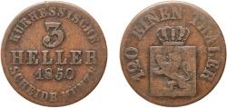 World Coins - Hesse, Electorate of 1850 3 Heller - Frederick William I Copper Kassel Mint 4.92g VF  AKS 67 Jaeg 2 FH 41 KM 612 Kahnt/Schön 51