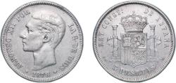 World Coins - Spain Kingdom 1878 *18-78 EMM 5 Pesetas - Alfonso XII (2nd portrait) Silver (.900) Madrid Mint (4147986) 24.6g XF KM 676 Cal 28