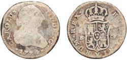 World Coins - Spain Kingdom 1774 S CF 1 Real - Carlos III (2nd type) Silver (.813) Seville Mint 2.52g F KM 411.2 Cal 1655 Aureo 535