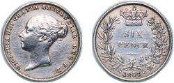 World Coins - Great Britain United Kingdom 1857 6 Pence - Victoria (1st portrait; 1st type) Silver (.925) (2233400) 2.8g XF KM 733 Sp 3908 Sp 3909