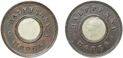 World Coins - Great Britain United Kingdom 1844 ½ Penny - Victoria (Model) Bimetallic: nickel-zinc centre in copper ring 2.42g VF  Rogers 204 X 7