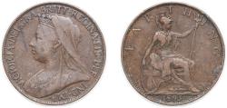 World Coins - Great Britain United Kingdom 1895 1 Farthing - Victoria (4th portrait) Bronze Royal Mint (Tower Hill) (2852850) 2.79g VF KM 788 Sp 3963 Sp 3964