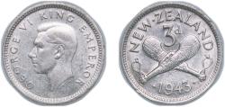 World Coins - New Zealand British colony 1943 3 Pence - George VI (1st type) Silver (.500) Royal Mint (Tower Hill) (4400000) 1.42g AU KM 7
