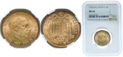 World Coins - Spain Nationalist Government 1953 2 ½ Pesetas - Francisco Franco Aluminium bronze (90% copper, 10% aluminium) Madrid Mint (30322000) NGC MS 66  KM 785 Schön 29