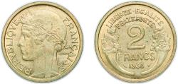 World Coins - France Third Republic 1938 2 Francs Copper-aluminium (91% Copper, 9% Aluminium) (28071831) 8.01g UNC F 268 Gad 535 KM 886 Schön 201