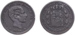 World Coins - Spain Kingdom 1878 OM 5 Centimos - Alfonso XII Bronze (95% copper, 4% tin, 1% zinc) (67954000) 4.77g VF KM 674 Cal 70