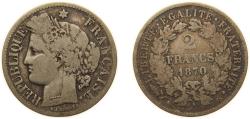 World Coins - France Third Republic 1870 A 2 Francs Silver (.835) Paris Mint (789310) 10g VF KM 817 Gad 530 F 265