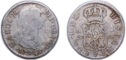 World Coins - Spain Kingdom 1773 S CF 2 Reales - Carlos III (2nd type) Silver (.813) Seville Mint 6g VF KM 412.2