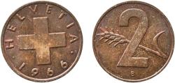World Coins - Switzerland Federal State 1966 B 2 Rappen (Wheat spike) Bronze (95% copper, 4% tin, 1% zinc) Bern Mint (2510000) 2.98g AU  HMZ 2 1214 Divo/Tob19 325 KM 47 Schön 42 Y 55