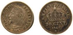 World Coins - France Second Empire 1867 BB 20 Centimes - Napoleon III Silver (.835) Strasbourg Mint (3114264) 1g VF F 150 Gad 309 KM 808.2