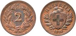 World Coins - Switzerland Federal State 1893 B 2 Rappen (Wreath; bronze; light type) Bronze (95% copper, 4% tin, 1% zinc) Bern Mint (2000000) 2.46g XF  HMZ 2 1213 Divo/Tob19 323 KM 4 Schön 16 Y