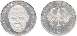 World Coins - Germany Federal Republic of Germany 1997 J 2 Deutsche Mark (Ludwig Erhard) Copper-nickel clad nickel Hamburgische Münze Mint (70000) 7g UNC KM 170 J 445 Schön 167
