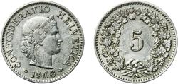 World Coins - Switzerland Federal State 1906 B 5 Rappen (Libertas; copper-nickel) Copper-nickel (75% copper, 25% nickel, non-magnetic) Bern Mint (3000000) 2.01g AU  HMZ 2 1212 Divo/Tob19 319 KM